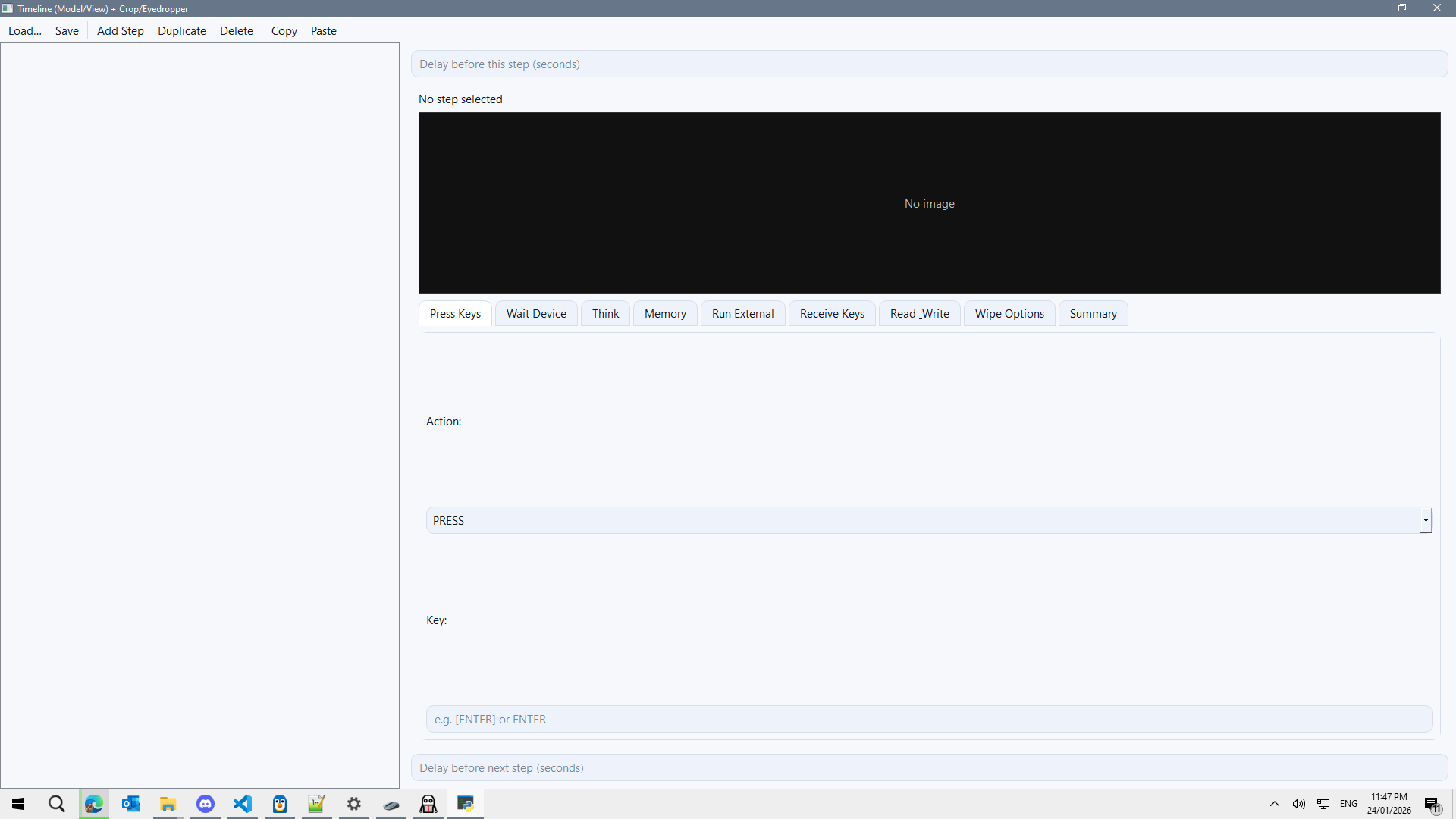 Timeline editor showing steps and fields